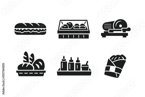 Collection of bakery and deli icons representing food items and equipment