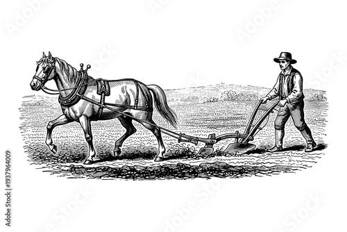 Vintage farming scene with horse and farmer using traditional plow in detailed engraving style