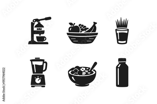 Collection of icons representing healthy food and drink preparation and consumption