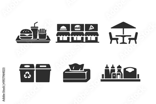 Collection of fast food restaurant icons including meal, storefronts, seating, and condiments