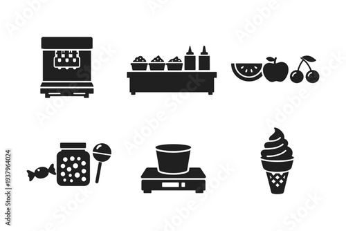 Collection of icons representing desserts, ingredients, and preparation equipment