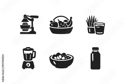 Collection of icons representing healthy food preparation and consumption for a balanced diet