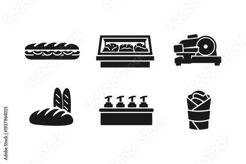 Collection of food service icons including sandwich, bread, slicer, and wraps
