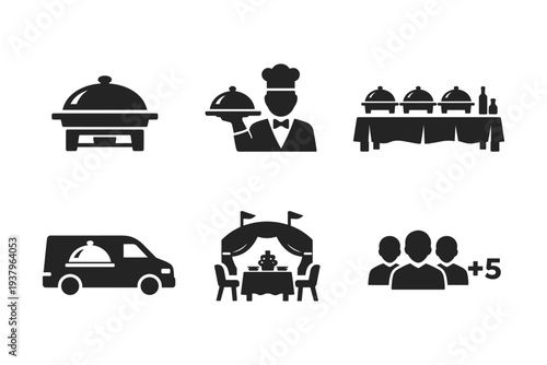 Collection of catering and food service icons representing different aspects of the industry