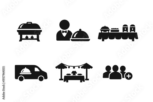 Catering service icons: buffet, waiter, food truck, outdoor dining, and group event
