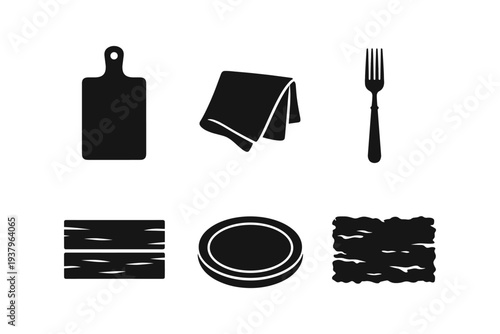 Collection of kitchen and dining icons including a cutting board, napkin, fork, plate, and wood texture