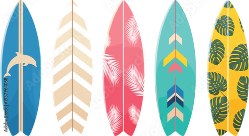 Colorful surfboards collection with tropical patterns and geometric designs, summer beach surfing equipment vector illustration set
