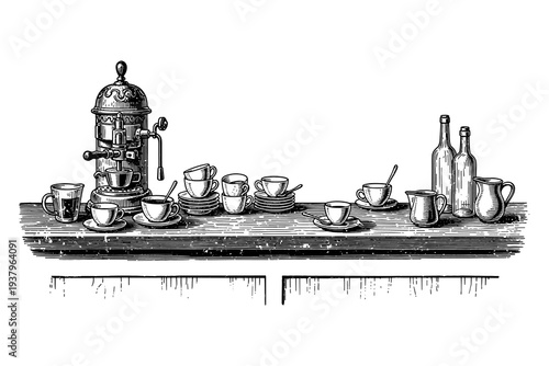 Vintage coffee bar setup with espresso machine and assorted cups on wooden counter