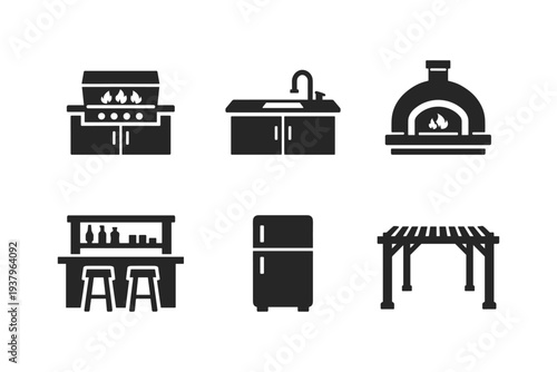 Outdoor kitchen and patio furniture icons: grill, sink, oven, bar, fridge, pergola