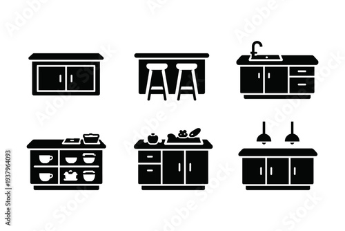 Collection of kitchen island and counter icons with various designs and features