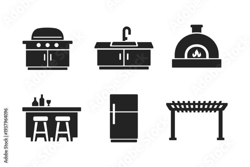 Outdoor kitchen and entertainment area icons including grill, sink, oven, bar, fridge, and pergola