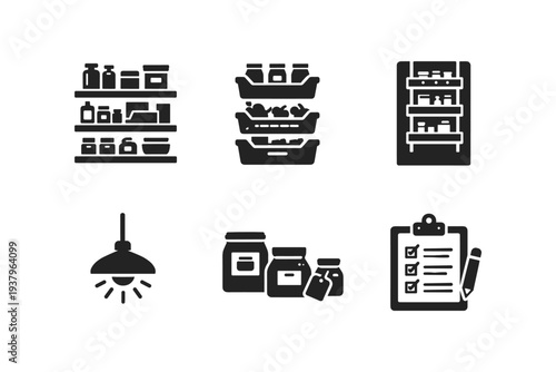Collection of icons representing pantry organization, food storage, and inventory management