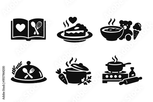 Collection of cooking and food icons representing recipes, desserts, and meals