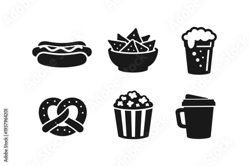 Collection of popular snack and drink icons, including hot dog, nachos, beer, pretzel, popcorn, and coffee cup