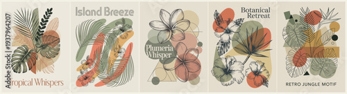 Set of tropical botanical posters with monstera, palm, hibiscus, and plumeria. Flat vector illustrations combine sketchy leaves, abstract shapes, and muted earthy tones.