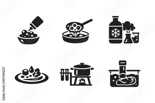 Set of icons representing food preparation and scientific research in the kitchen