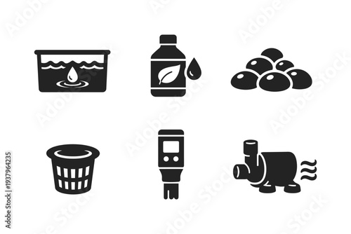 Hydroponic gardening equipment icons including water, nutrients, growing media, net pot, meter, and pump