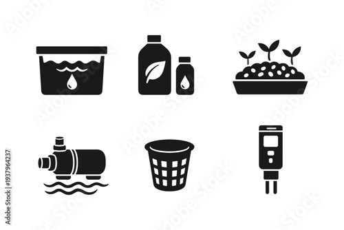 Hydroponic gardening equipment icons for a healthy plant growth system
