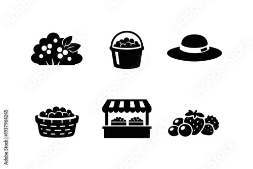 Collection of black and white icons representing berry picking and selling activities
