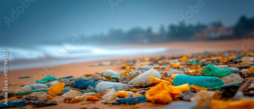 Plastic waste pollution on sandy beach with ocean waves representing environmental problem marine pollution and plastic contamination