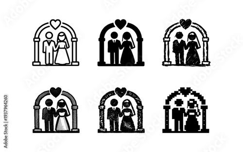 Collection of wedding couple icons under an arch with a heart symbol above