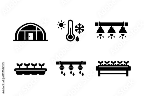 Modern agriculture icons depicting greenhouse, temperature control, grow lights, seedlings, and irrigation systems