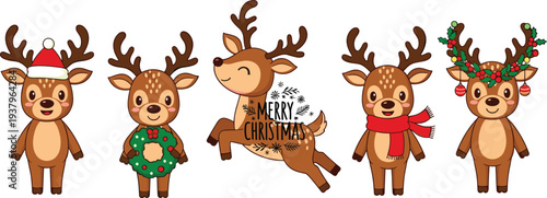 Cute Christmas reindeer characters with festive costumes, wreath, scarf and Merry Christmas decoration cartoon vector illustration set