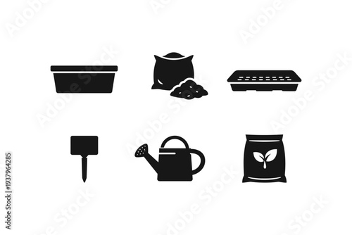 Gardening tools and supplies icons for planting and cultivation, simple black and white design