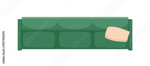 Sofa, straight couch, top view. Comfortable soft upholstered furniture from above. Lounge seat with cushion for home interior design. Flat vector illustration isolated on white background