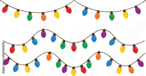 Colorful Christmas string lights garlands collection, festive holiday bulb lights decoration isolated winter vector illustration set