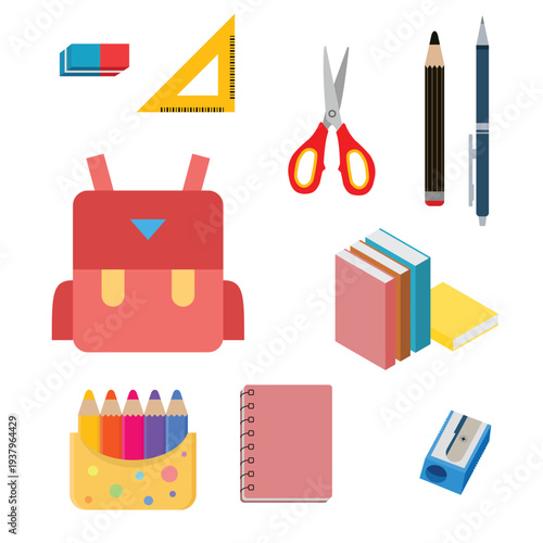 School Supplies Cartoon Set Vector Illustration Collection