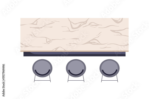 Chairs at bar counter. Marble stone countertop, dining table with stools, top above view. Modern interior furniture for cafe, kitchen floor plan. Flat vector illustration isolated on white background