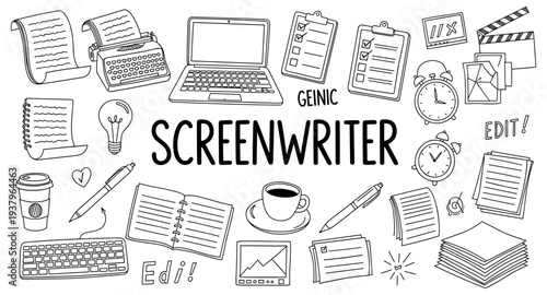 Creative process of a screenwriter with writing tools and symbols of inspiration