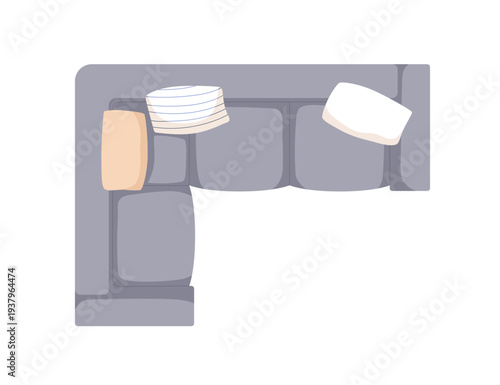 Couch, corner sofa, top view. Comfortable living room furniture from above. Large lounge seat, cozy modern modules with cushions, soft upholstery. Flat vector illustration isolated on white background