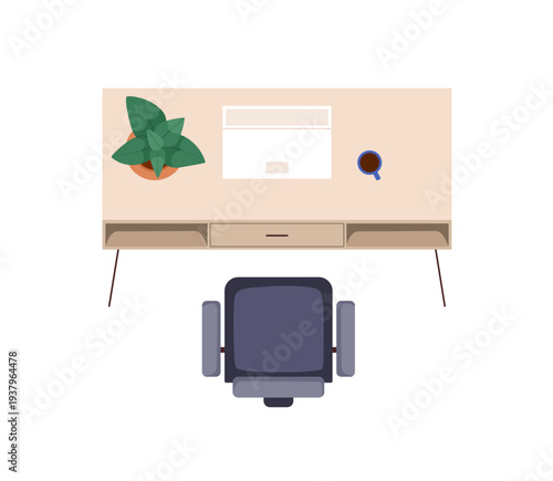 Work desk, table and office chair, above top view. Laptop computer, tea cup, plant at workplace. Business cabinet furniture for interior design. Flat vector illustration isolated on white background