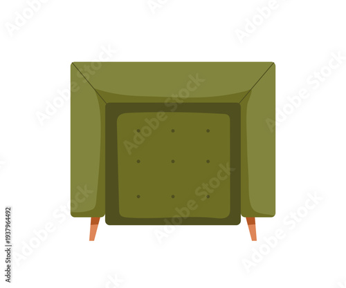 Armchair, top down view. Soft comfortable chair with upholstery. Modern cozy living room furniture from above, overhead. Retro style seat design. Flat vector illustration isolated on white background