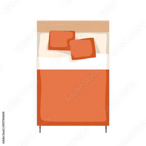 Bed from above, top down view. Bedroom furniture with soft pillows, duvet. Neatly made linen, bedclothes, blanket cover for interior design. Flat vector illustration isolated on white background