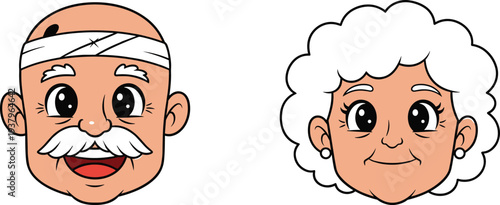 Cute cartoon elderly couple faces illustration, smiling grandpa with bandage and grandmother portrait, senior people character avatars vector set