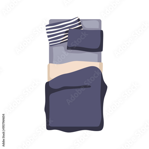 Bed, top down view. Bedroom furniture from above. Soft pillows, duvet on mattress. Unmade linen, bedclothes, blanket cover for interior design. Flat vector illustration isolated on white background