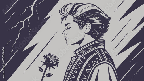 Stylish young man in dark background holding blue rose symbolizing love and melancholy in a stormy atmosphere with lightning