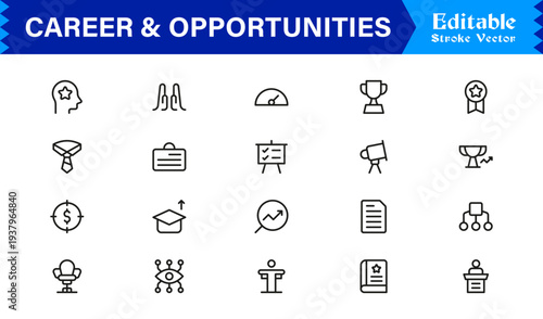 Career and Opportunities Professional Line Icon Set Featuring Modern, Minimal, Editable Stroke Icons for Business, Recruitment, Talent, and Human Resources Use