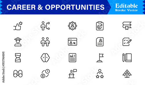Career and Opportunities Professional Line Icon Set Featuring Modern, Minimal, Editable Stroke Icons for Business, Recruitment, Talent, and Human Resources Use