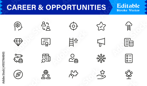 Career and Opportunities Professional Line Icon Set Featuring Modern, Minimal, Editable Stroke Icons for Business, Recruitment, Talent, and Human Resources Use