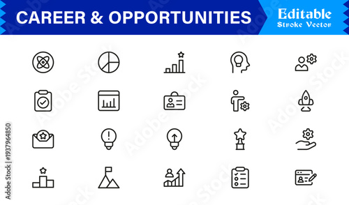 Career and Opportunities Professional Line Icon Set Featuring Modern, Minimal, Editable Stroke Icons for Business, Recruitment, Talent, and Human Resources Use