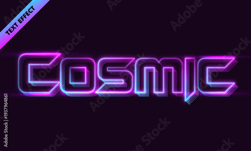 Cosmic neon text effect with pink blue gradient glow and retro futuristic line art style