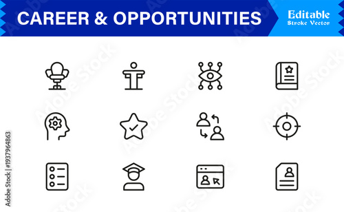 Career and Opportunities Professional Line Icon Set Featuring Modern, Minimal, Editable Stroke Icons for Business, Recruitment, Talent, and Human Resources Use