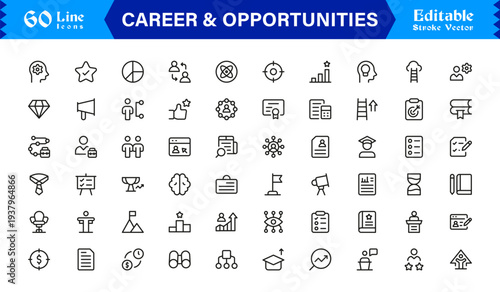 Career and Opportunities Professional Line Icon Set Featuring Modern, Minimal, Editable Stroke Icons for Business, Recruitment, Talent, and Human Resources Use