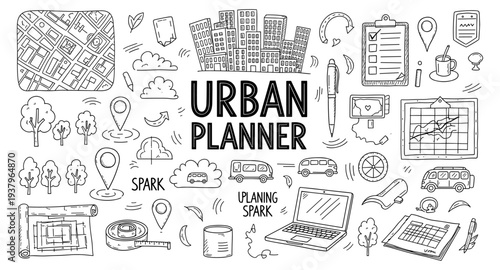 Urban planner doodles with city buildings, maps, trees, and planning tools