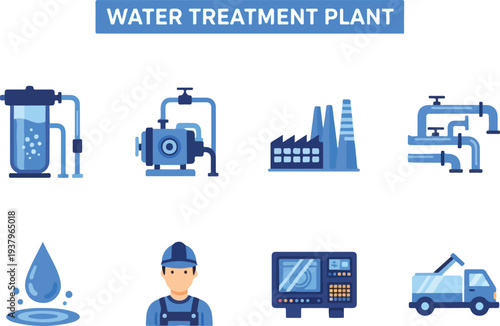 Illustrations of water treatment components filter pump factory pipes water drop worker control panel truck