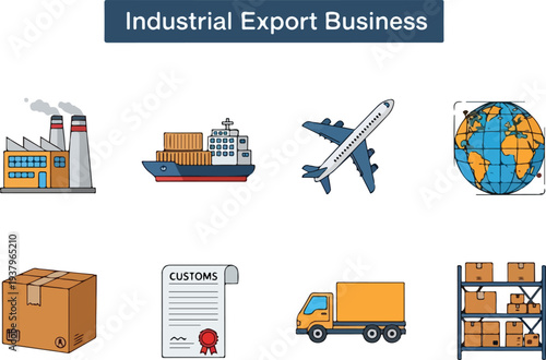 Illustration of industrial export Includes factory cargo ship airplane globe package customs truck warehouse